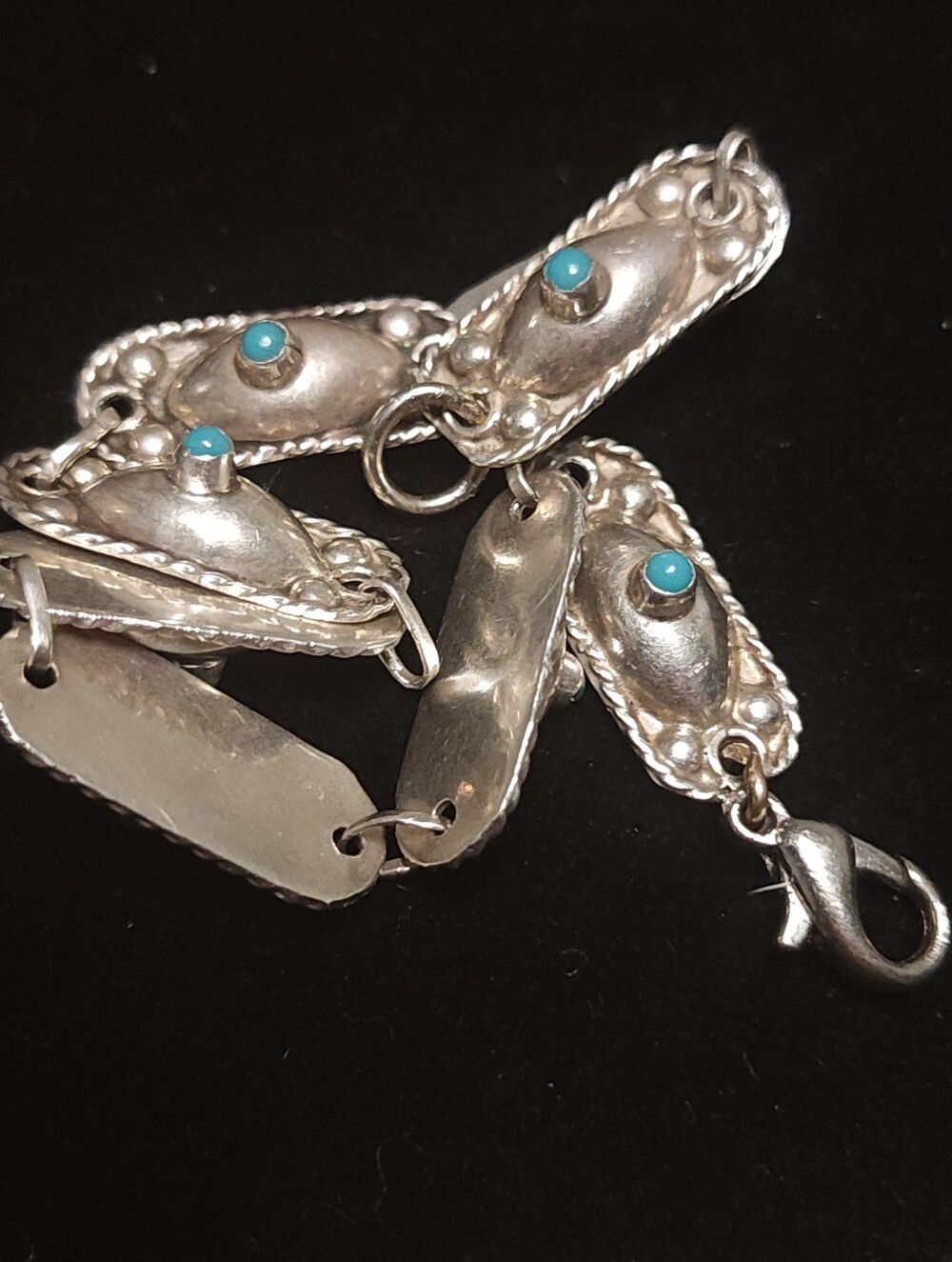 Vintage Mexican Sterling Silver Turquoise Link Bracelet Eagle Hallmark 7.5" 8g